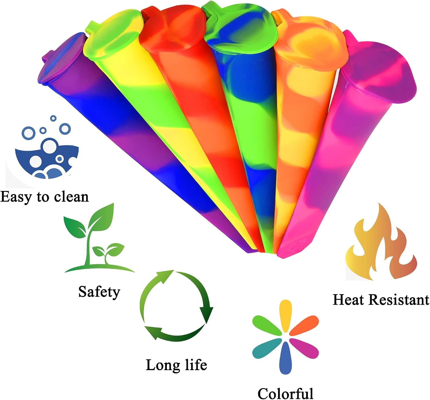 Silicone Popsicle Moulds with Attached Lids - 6 Pack Kitchen Ice Pop Moulds, Flexible & Durable - Reusable - Easy Clean, Multicolored Ice Lollies (Colorful)