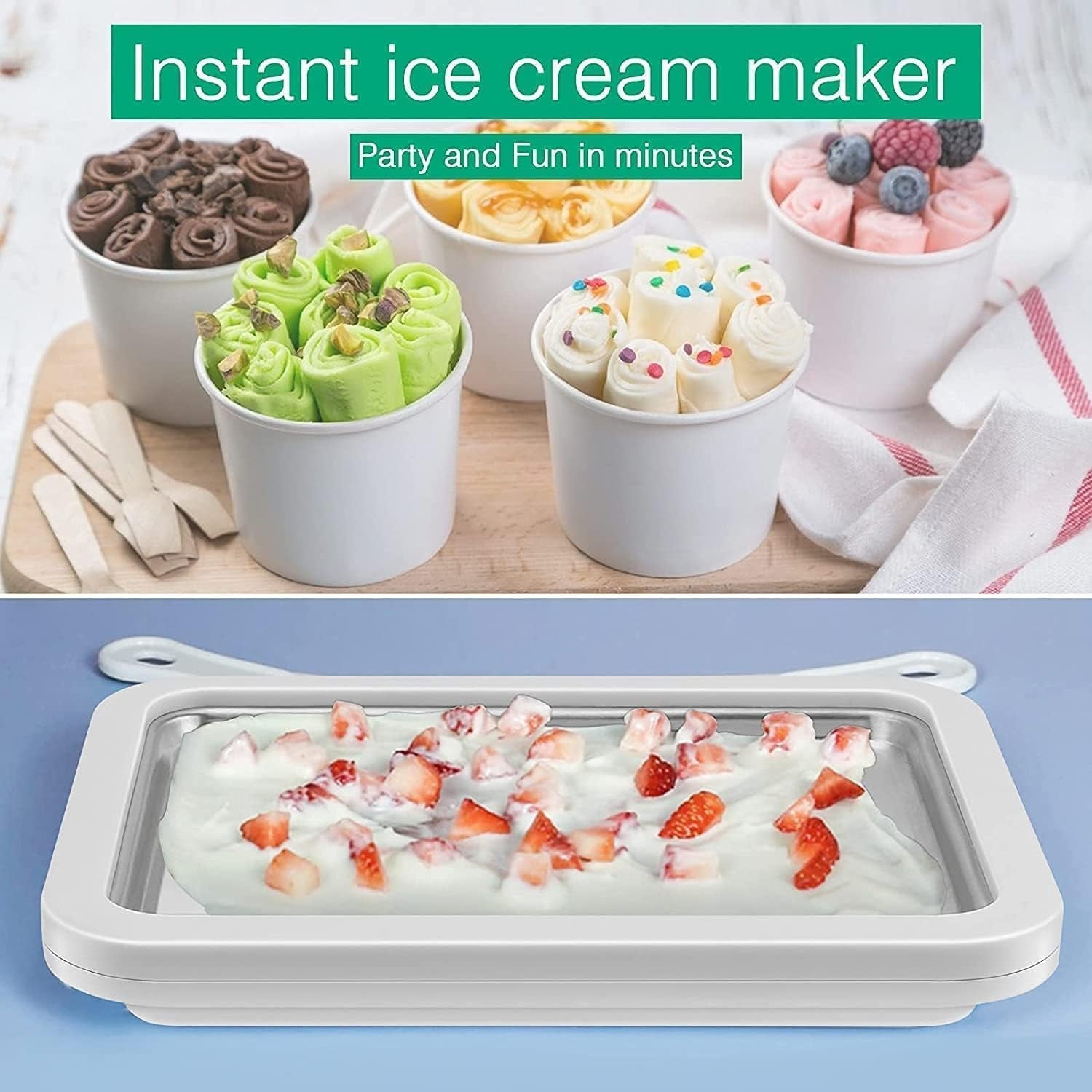 Ice Cream Roller Maker Pan, White, Includes 2 Spatulas, Manual Operation for Rolled Ice Cream, Sorbet, Frozen Yogurt, Gelato