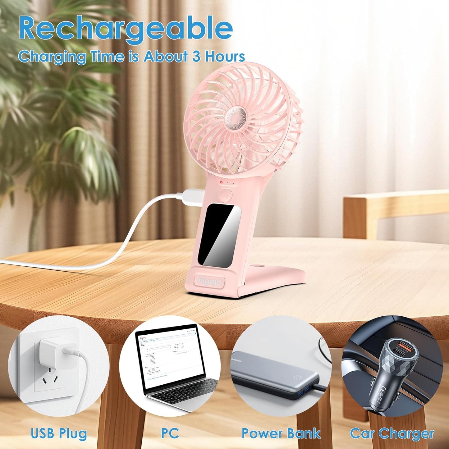 Mini Portable Fan, USB Rechargeable F an with Mirror and Lanyard, 4 Speed Silent Battery Operated Hand Held Fa N, Powerful Mini F a N for Home,Office,Travel and Outdoors