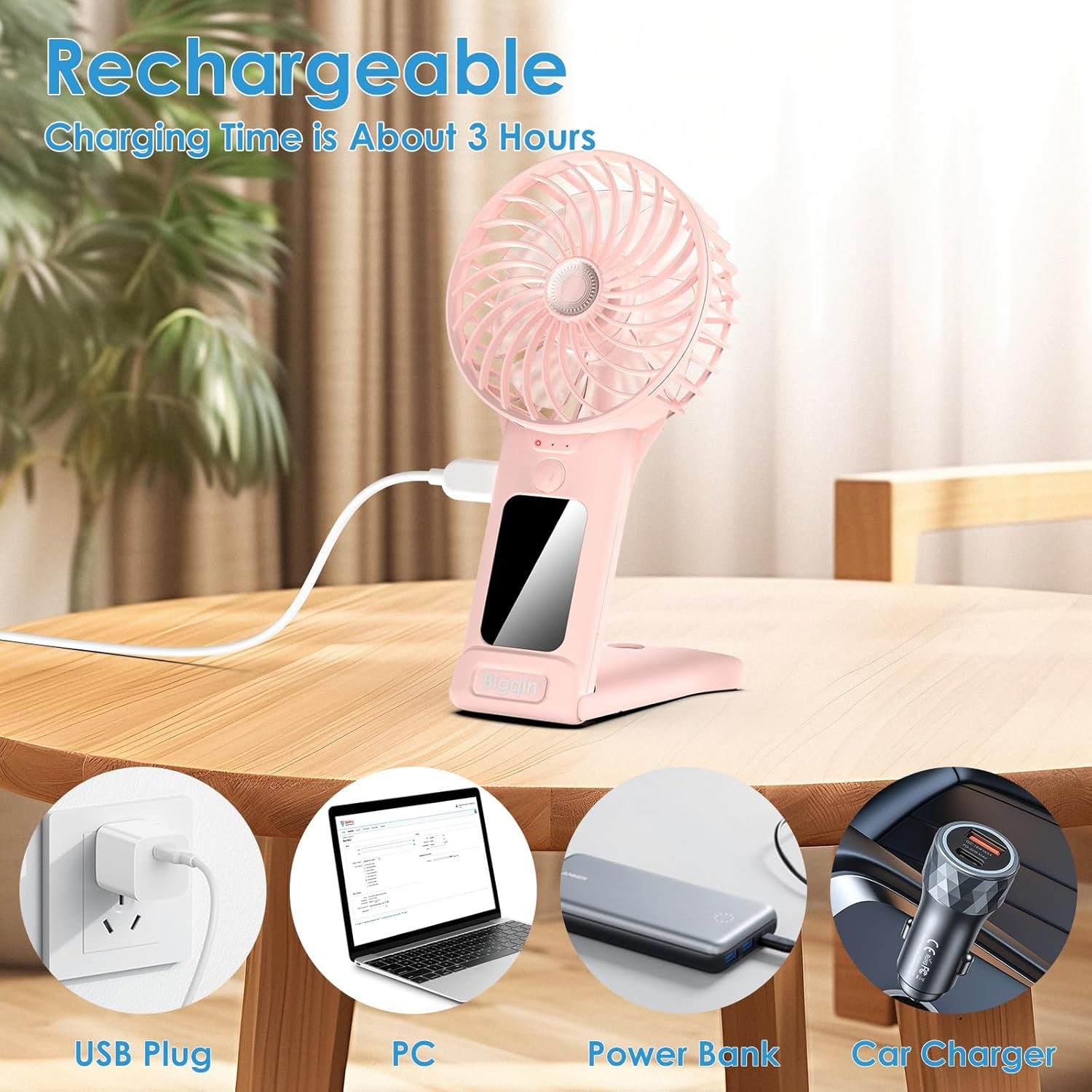 Mini Portable Fan, USB Rechargeable F an with Mirror and Lanyard, 4 Speed Silent Battery Operated Hand Held Fa N, Powerful Mini F a N for Home,Office,Travel and Outdoors
