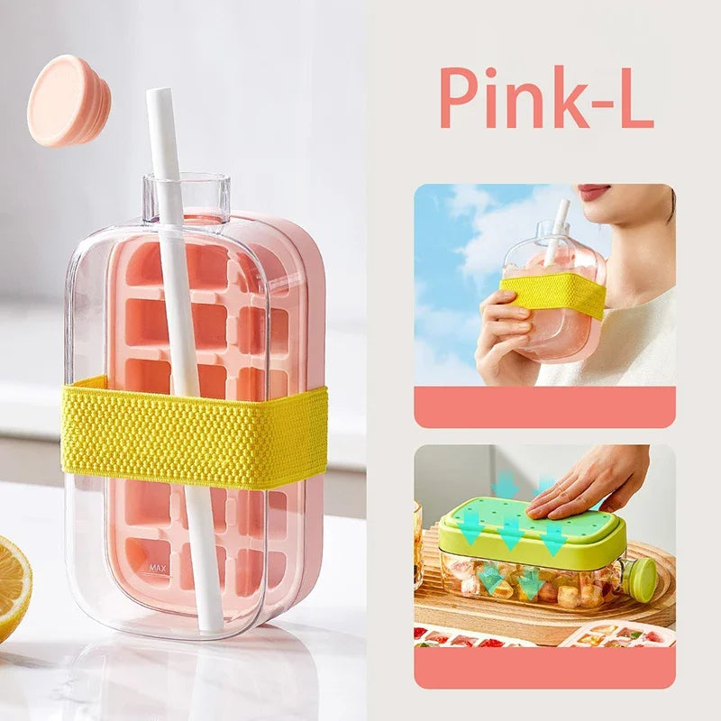 Pressure Type Ice Cube Tray with Lid NO TOUCH Silicone Ice Making Tray with Straw Summer Quick Ice Making Mold for Refrigerator