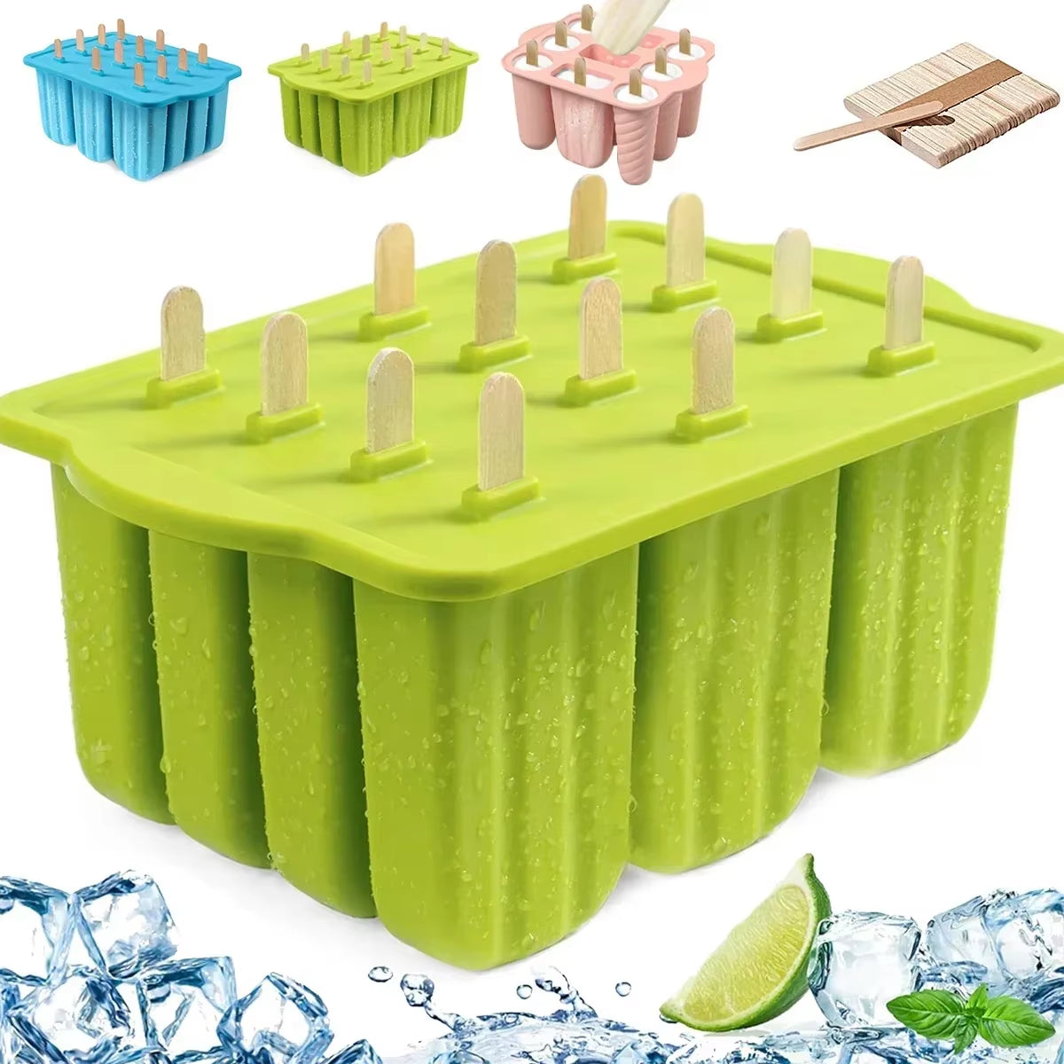 New Popsicle Molds Silicone 12 Pieces Popsicle Trays for Freezer Homemade Ice Cream Popsicle Molds with 50Pcs Popsicle Sticks