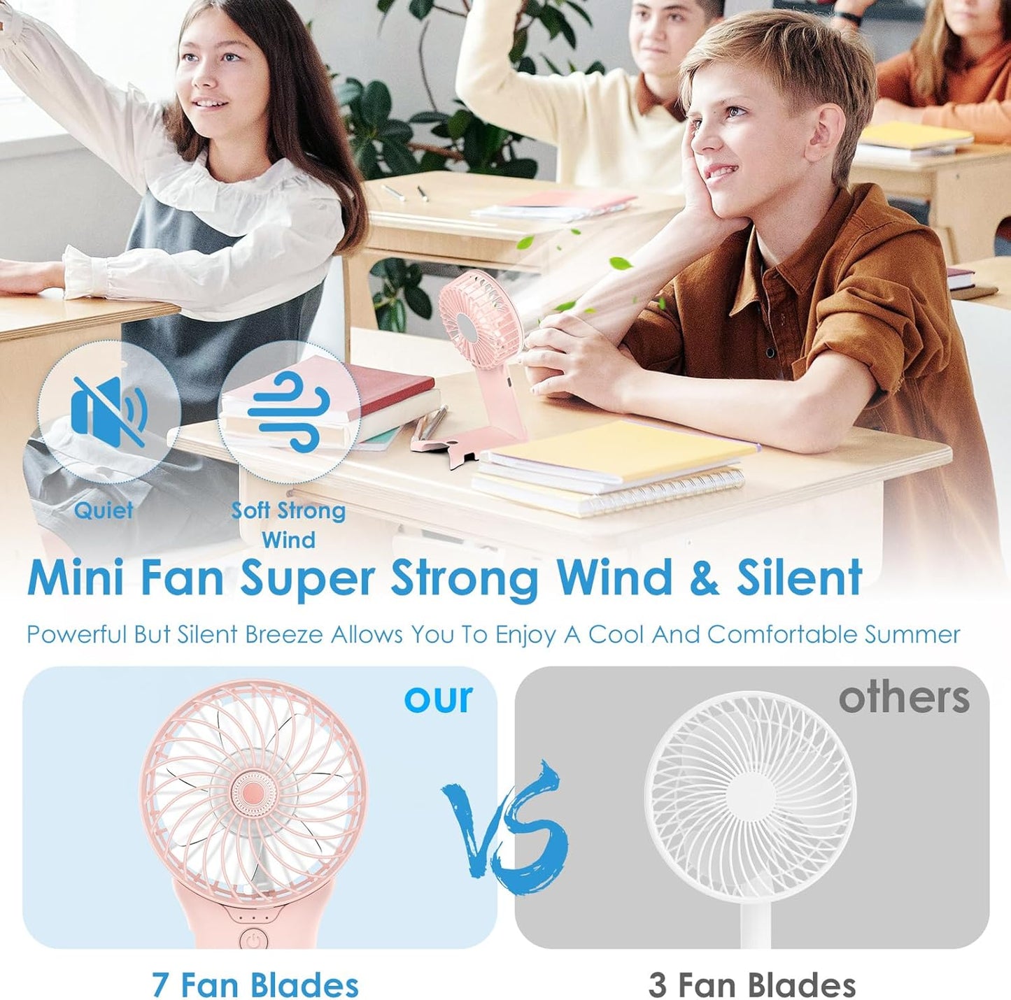Mini Portable Fan, USB Rechargeable F an with Mirror and Lanyard, 4 Speed Silent Battery Operated Hand Held Fa N, Powerful Mini F a N for Home,Office,Travel and Outdoors
