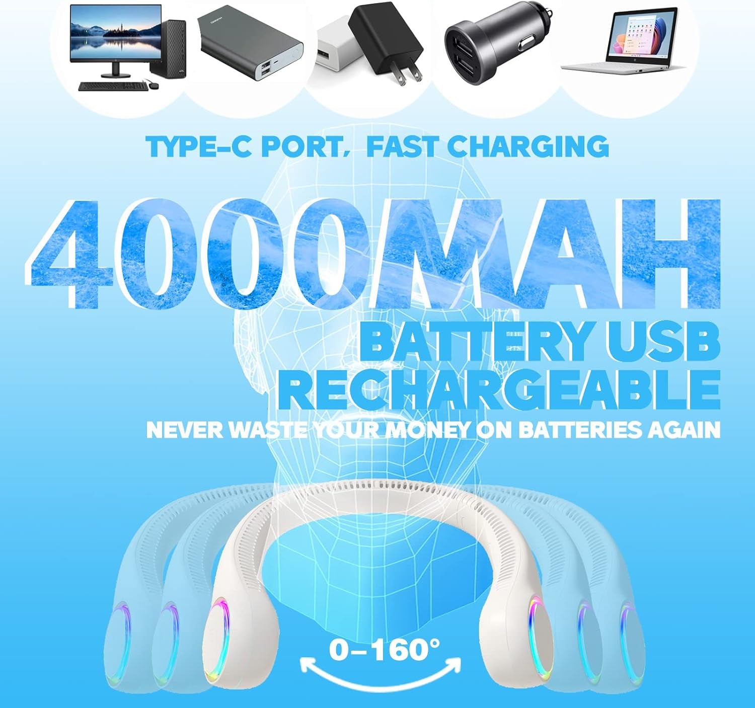 Bladeless Neck Fan, Portable Neck Fan, Cooling Hanging Neck Fan, 4000Mah Mini Cooling Fan, Personal Neck Fans Rechargeable with 3 Speeds LED Light for Women Man Home Office Travel Outdoor