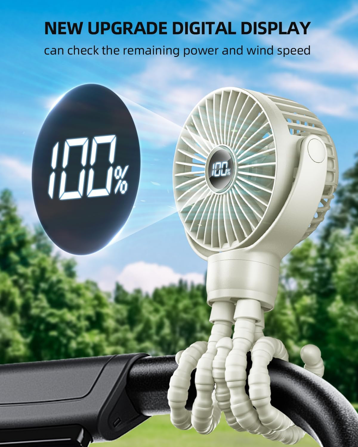 Portable Pram Fan, Small Rechargeable Clip on Fan with Digital Display, 2000Mah, 3 Speeds 360° Rotate Mini Cooling Fan for Stroller, Buggy, Car Seat, Crib & Travel