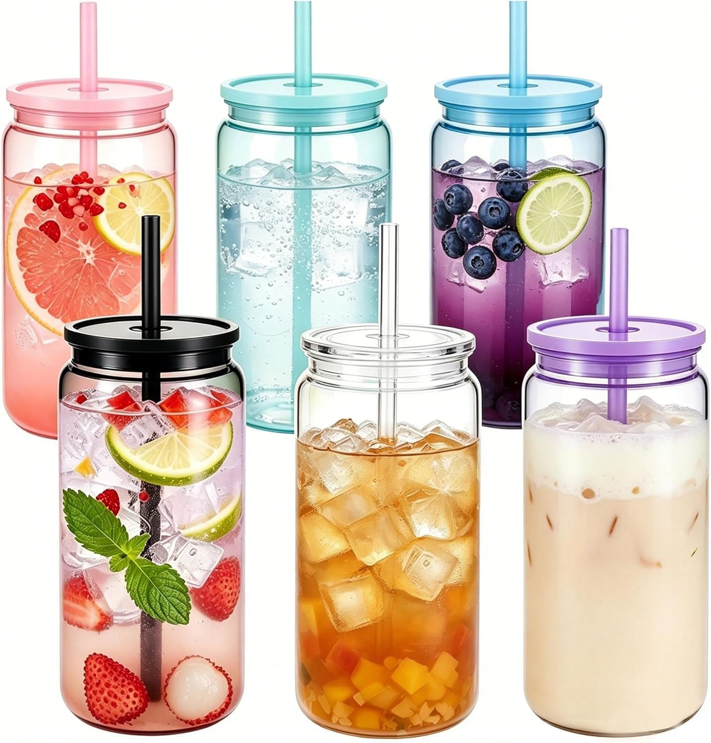 Plastic Cups with Lids and Straws - 6Pcs 16Oz Reusable Iced Coffee Cup BPA Free Cold Drinking Tumblers Slushie Cup Smoothie Slushy Drinking Cup Party Cups for Hot/ Cold Drinks, Cola, Juice, Soda