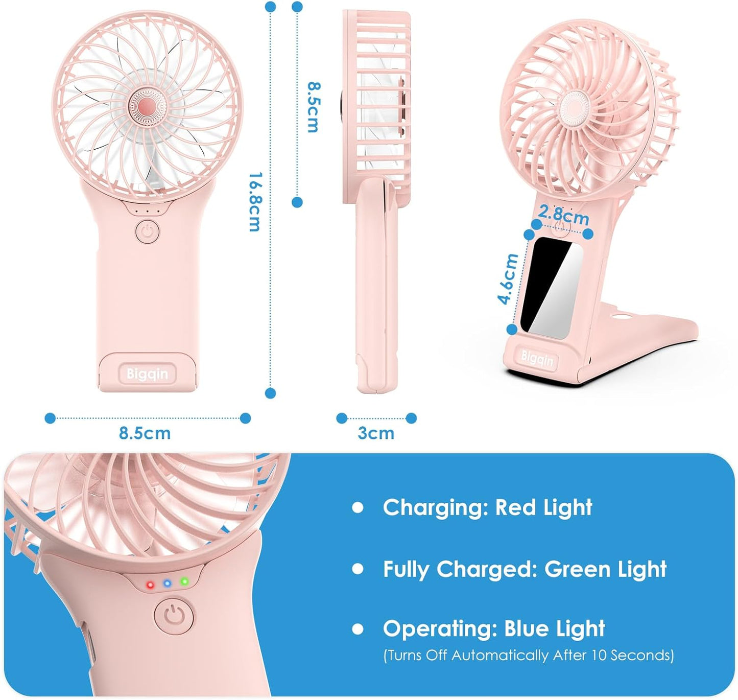 Mini Portable Fan, USB Rechargeable F an with Mirror and Lanyard, 4 Speed Silent Battery Operated Hand Held Fa N, Powerful Mini F a N for Home,Office,Travel and Outdoors