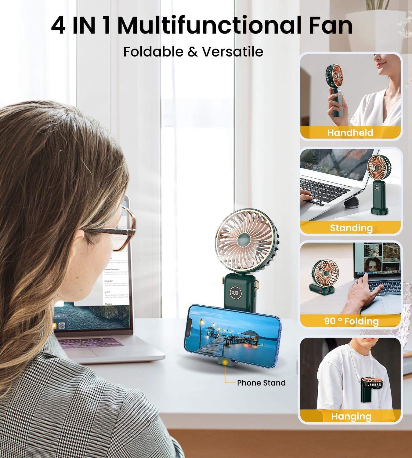 Handheld Fan, 5 Speeds Powerful Portable Fan, Rechargeable Hand Held Fan Folding with Lanyard and Base, Personal Mini Fan for Home, Office, Desktop, Traveling