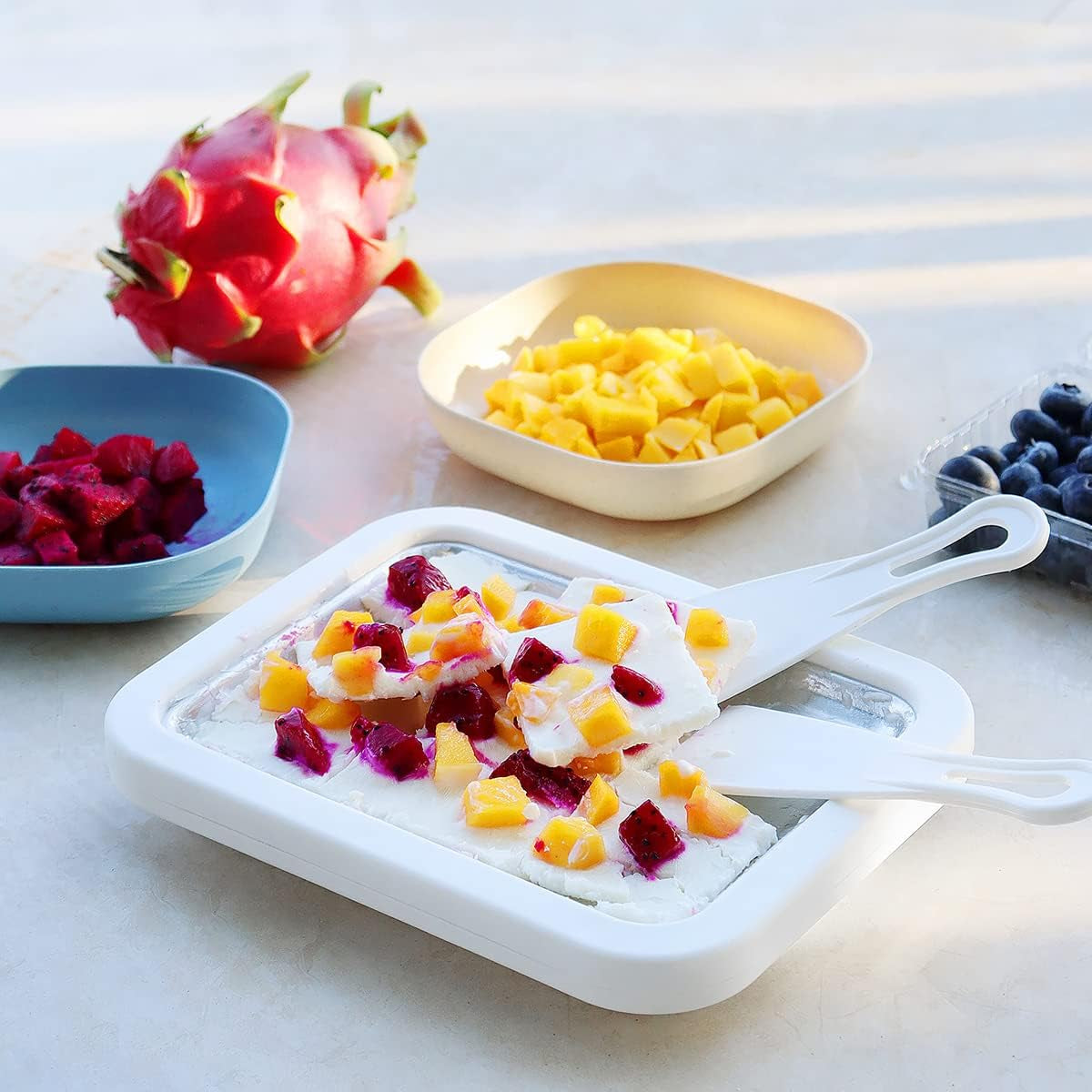 Ice Cream Roller Maker Pan, White, Includes 2 Spatulas, Manual Operation for Rolled Ice Cream, Sorbet, Frozen Yogurt, Gelato