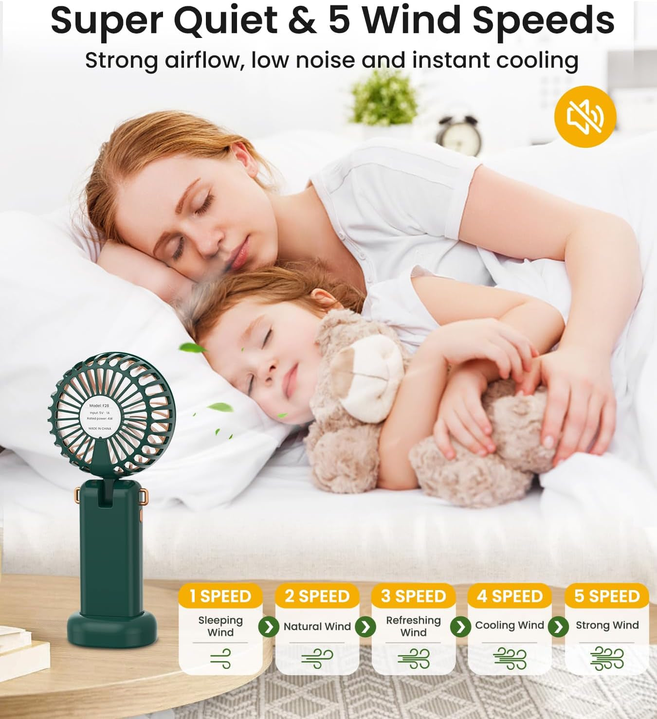 Handheld Fan, 5 Speeds Powerful Portable Fan, Rechargeable Hand Held Fan Folding with Lanyard and Base, Personal Mini Fan for Home, Office, Desktop, Traveling
