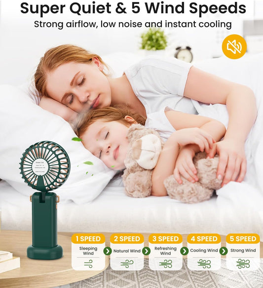 Handheld Fan, 5 Speeds Powerful Portable Fan, Rechargeable Hand Held Fan Folding with Lanyard and Base, Personal Mini Fan for Home, Office, Desktop, Traveling