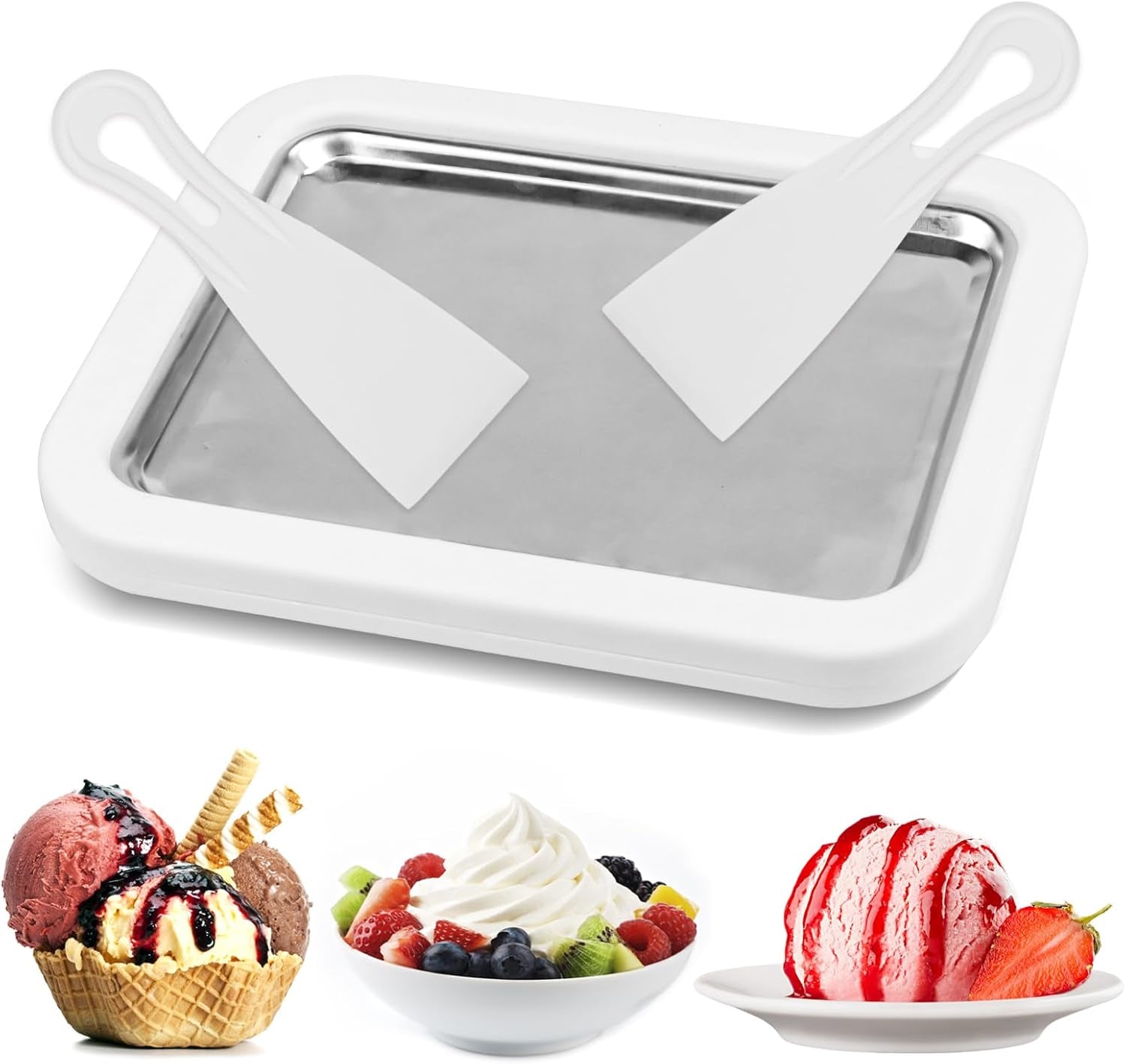 Ice Cream Roller Maker Pan, White, Includes 2 Spatulas, Manual Operation for Rolled Ice Cream, Sorbet, Frozen Yogurt, Gelato