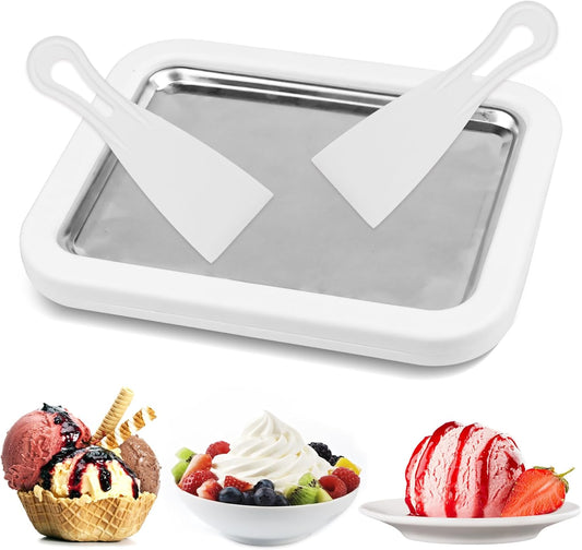 Ice Cream Roller Maker Pan, White, Includes 2 Spatulas, Manual Operation for Rolled Ice Cream, Sorbet, Frozen Yogurt, Gelato