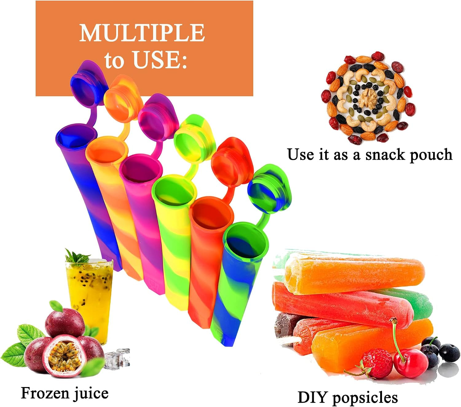 Silicone Popsicle Moulds with Attached Lids - 6 Pack Kitchen Ice Pop Moulds, Flexible & Durable - Reusable - Easy Clean, Multicolored Ice Lollies (Colorful)