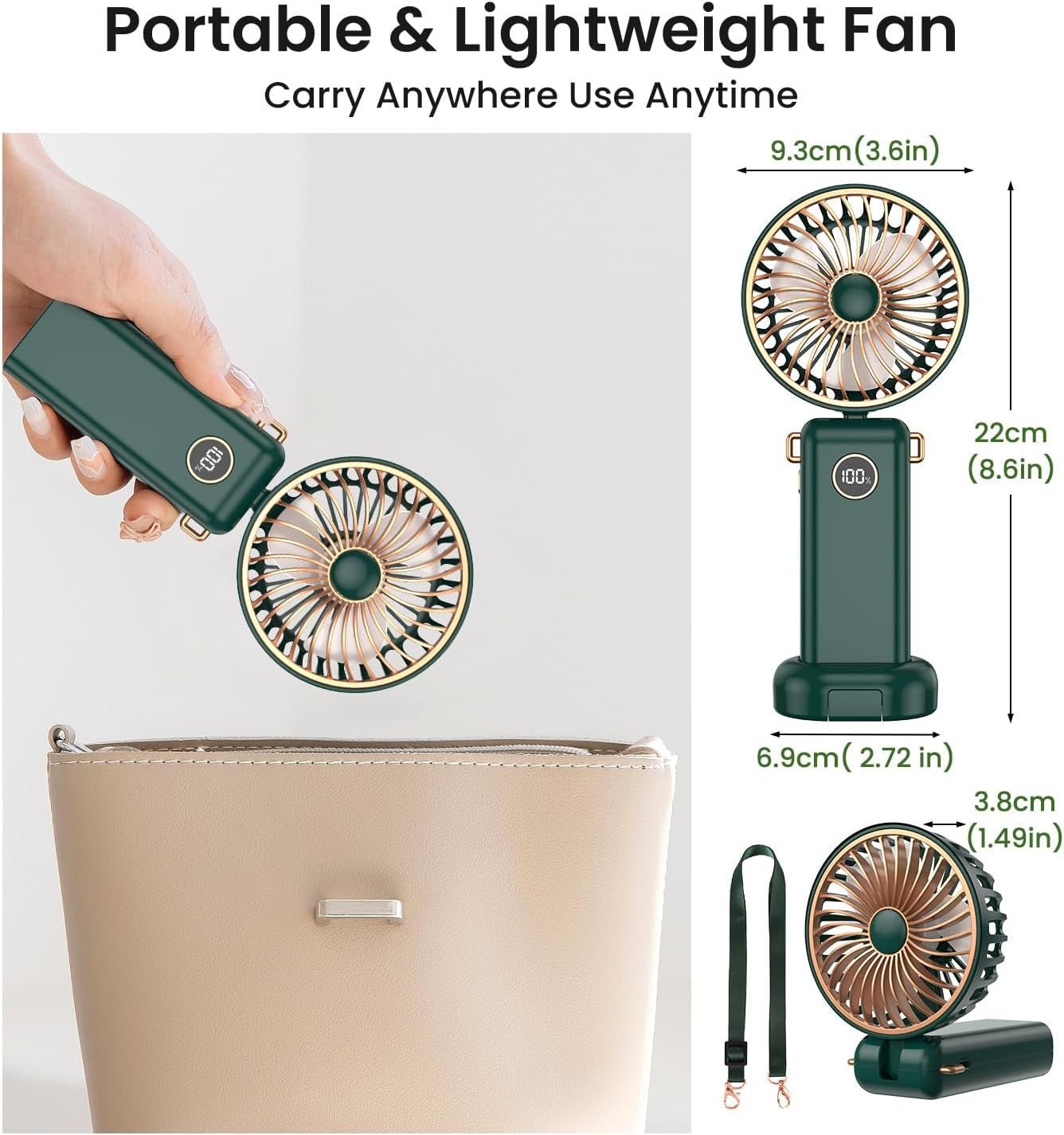 Handheld Fan, 5 Speeds Powerful Portable Fan, Rechargeable Hand Held Fan Folding with Lanyard and Base, Personal Mini Fan for Home, Office, Desktop, Traveling