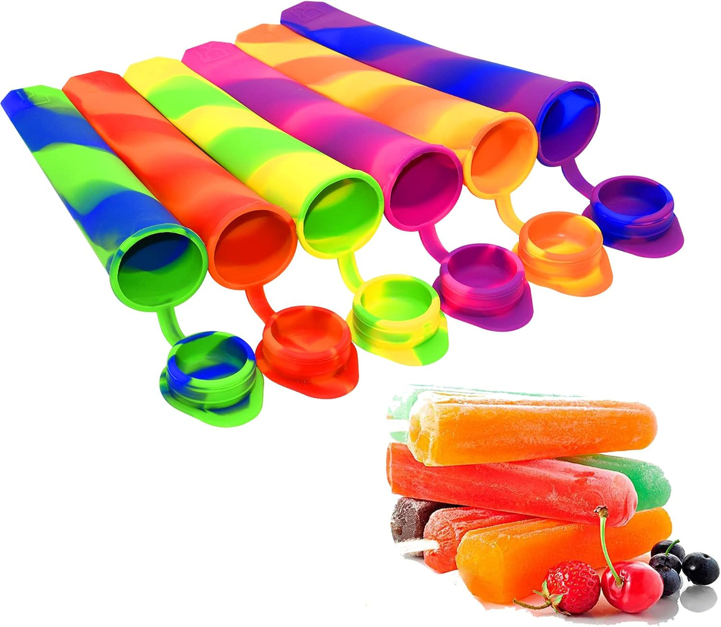Silicone Popsicle Moulds with Attached Lids - 6 Pack Kitchen Ice Pop Moulds, Flexible & Durable - Reusable - Easy Clean, Multicolored Ice Lollies (Colorful)