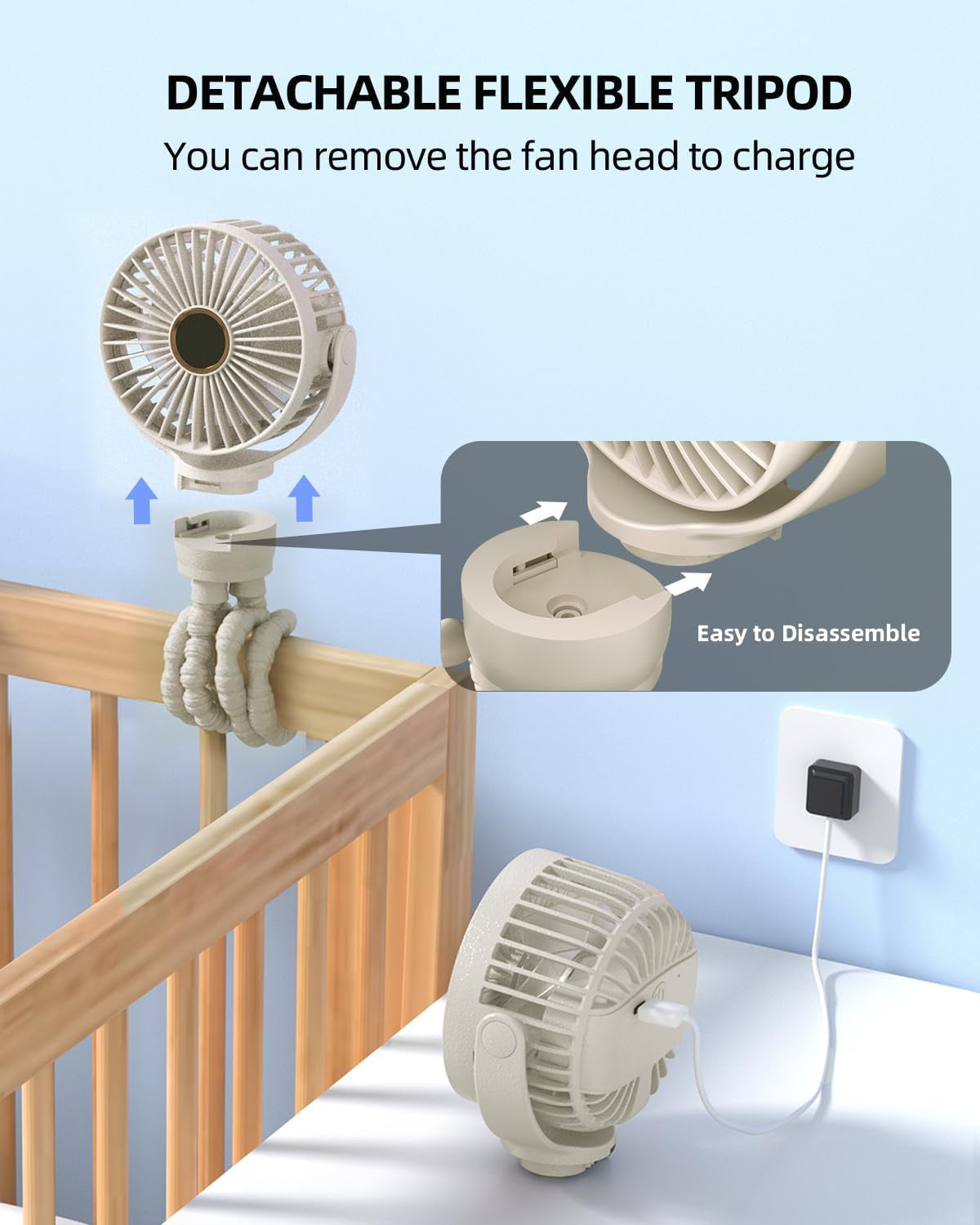 Portable Pram Fan, Small Rechargeable Clip on Fan with Digital Display, 2000Mah, 3 Speeds 360° Rotate Mini Cooling Fan for Stroller, Buggy, Car Seat, Crib & Travel