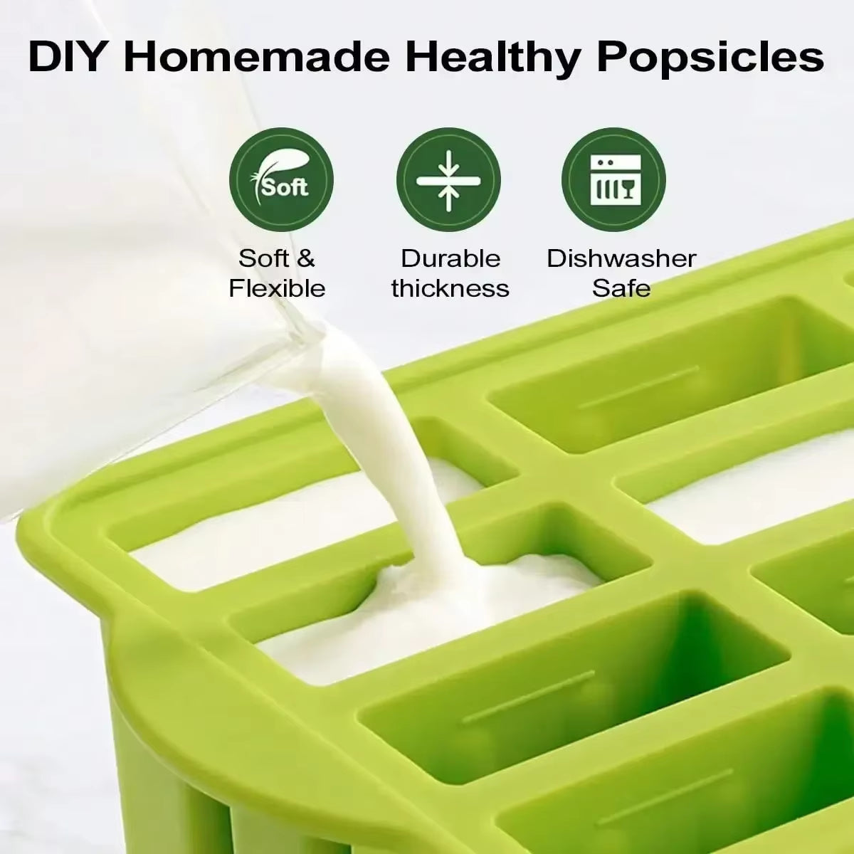 New Popsicle Molds Silicone 12 Pieces Popsicle Trays for Freezer Homemade Ice Cream Popsicle Molds with 50Pcs Popsicle Sticks