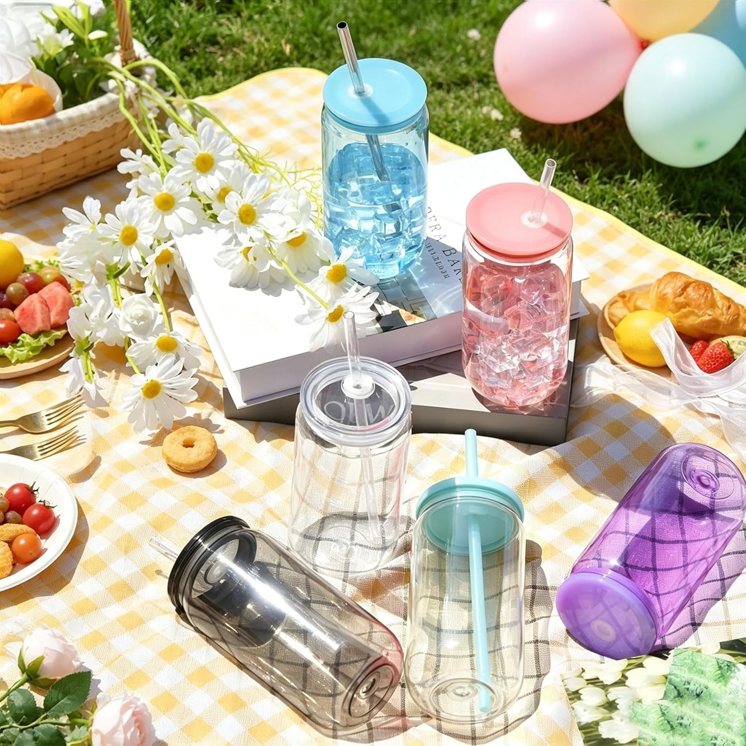 Plastic Cups with Lids and Straws - 6Pcs 16Oz Reusable Iced Coffee Cup BPA Free Cold Drinking Tumblers Slushie Cup Smoothie Slushy Drinking Cup Party Cups for Hot/ Cold Drinks, Cola, Juice, Soda