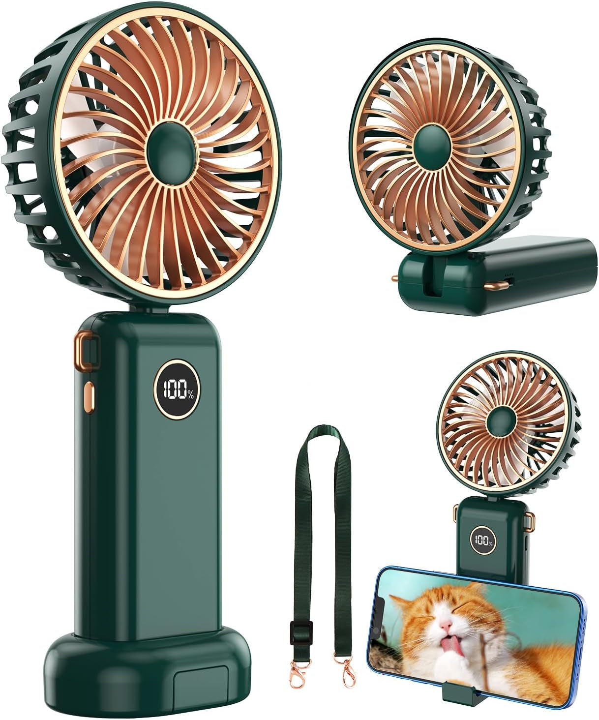 Handheld Fan, 5 Speeds Powerful Portable Fan, Rechargeable Hand Held Fan Folding with Lanyard and Base, Personal Mini Fan for Home, Office, Desktop, Traveling